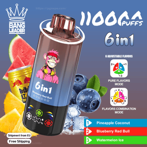 Metallic cylindrical 6-in-1 disposable vape device with a pink-haired monkey logo prominently labeled “6in1” and “11000 puffs,” shown against blueberries, pineapple slices, watermelon wedges and a Red Bull can, with flavor icons and a numbered flavor list (1 Pineapple Coconut, 2 Blueberry Red Bull, 3 Watermelon Ice).