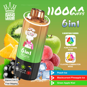 Gold-and-green 6-in-1 disposable vape device labeled 11000 puffs with a cartoon ape logo, shown with kiwi, pineapple, green apple, peaches, blackcurrants and ice and icons indicating adjustable pure and combination flavor modes and a flavor list (1 Peach Ice, 2 Blackcurrant Pineapple Ice, 3 Green Apple Kiwi).