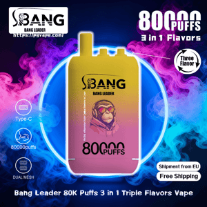 Colorful advertisement showing a gradient yellow-to-pink Bang Leader disposable vape device with a stylized monkey wearing sunglasses and '80,000 puffs' and '3 in 1 flavors' text, surrounded by purple and blue smoke and icons for Type-C, dual mesh, and free EU shipping.