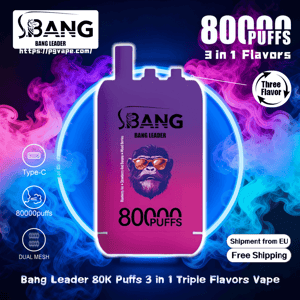 Promotional image showing a purple-pink Bang Leader disposable vape device labeled 80000 puffs and 3-in-1 flavors against swirling neon blue and pink smoke, with icons for Type-C charging, 80000 puffs and dual mesh, a 'Three Flavor' badge and a 'Shipment from EU Free Shipping' label.