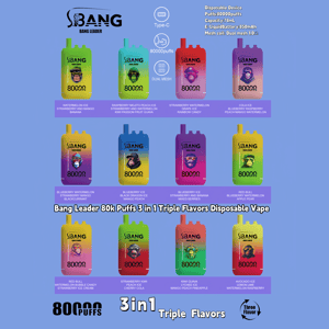 Colorful product poster depicting twelve gradient Bang Leader disposable vape devices, each with a cartoon ape logo and '80,000 puffs' label, promoting '3 in 1 Triple Flavors' and listing various fruit flavor combinations alongside icons for Type‑C, 80,000 puffs, and dual mesh.