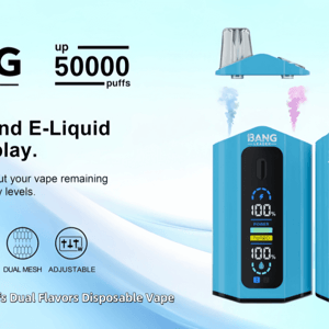 Advertisement showing two blue Bang Leader disposable vapes—one front view with an LED screen displaying 100% battery and e‑liquid levels and a removable mouthpiece, and one rear view with a colorful ape logo; text highlights up to 50,000 puffs, battery and e‑liquid level display, Type‑C 650mAh, dual mesh and adjustable settings, and arrows indicating double flavors with pink and blue vapor.