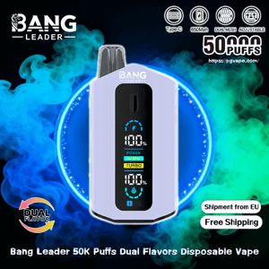 White Bang Leader disposable vape centered on a blue-green smoky background, showing a vertical black LED display reading 100% with mode labels (POWER, NORU, TURBO), surrounded by icons for Type‑C charging, 650mAh battery, dual mesh and adjustable settings, plus badges for Dual Flavor, 50K puffs, Shipment from EU and Free Shipping.