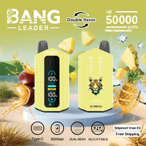 Two bright yellow Bang Leader vape devices shown front and back—one with a digital display, the other with a colorful tiger logo—set against pineapple and fruit splash graphics with text stating 'Double flavor' and 'up to 50,000 puffs' and icons for Type-C, 650mAh, dual mesh, adjustable, and free shipping.