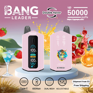 Promotional image showing two pink Bang Leader disposable vape devices—one front-facing with a digital display showing battery and mode indicators, the other rear-facing with a colorful tiger logo—set against splashes of orange, cherry and raspberry fruit and a cocktail glass, with text labels reading 'Double flavor', 'up 50000 puffs', icons for Type-C, 650mAh, dual mesh and adjustable, and a 'Shipment from EU Free Shipping' badge.
