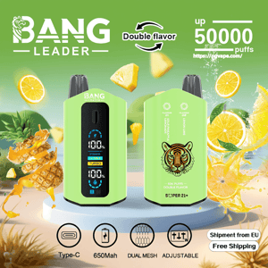 Bright lime-green Bang Leader disposable vape device shown front and back with a digital display and tiger logo, surrounded by pineapple and lemon slices and text advertising double flavor, up to 50,000 puffs, Type-C charging, 650mAh battery, dual mesh and adjustable settings and a 'Shipment from EU / Free Shipping' note