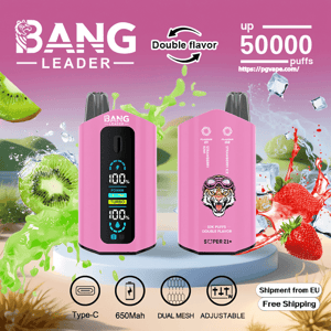 Two pink Bang Leader disposable vape devices — one showing a digital power display and the other a tiger logo — set on a pink gradient background with splashing kiwi and strawberry graphics, 'Double flavor' and 'up 50000 puffs' text, and small icons for Type‑C, 650mAh, dual mesh and adjustable features.