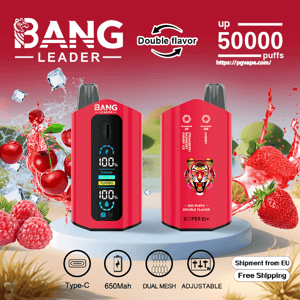Red Bang Leader double‑flavor disposable vape shown front and back with a digital battery and power display and tiger logo, set against splashing strawberries, cherries and raspberries and labeled up to 50,000 puffs with icons for Type‑C, 650mAh, dual mesh and adjustable settings.