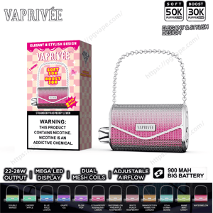 Pink metallic purse-shaped VAPRIVÉE disposable vape with a silver chain handle and textured mesh finish displayed beside its pink checkered product box labeled VAPRIVÉE and flavor 'Strawberry Raspberry Lemon', with a visible nicotine warning, puff-count badges (Soft 50K / Boost 30K) and a row of feature icons and color swatches along the bottom.