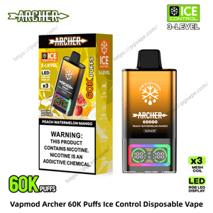 Golden-orange Vapmod Archer disposable vape beside its retail box, both labeled '60K puffs' and 'Peach Watermelon Mango', showing Ice Control 3-level and RGB LED display icons, a small digital panel on the device, and a nicotine warning on the box.