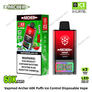 Red-to-black Vapmod Archer disposable vape beside its green-and-black retail box labeled 60K puffs and Watermelon Ice, showing Ice Control 3-level branding, RGB LED display, x3 mesh coil callouts and a nicotine warning label.