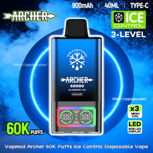 Närbild av en blå Vapmod Archer engångsvape mot en glödande blå cirkulär bakgrund, som visar en snöflinga 'Ice Control'-logotyp, digital LED-display och text som läser '60000 Blueberry Ice' med reklametiketter för 60K puffar, 900mAh, 40ML, Type-C, 3-nivå mesh-is-kontroll och x3-nivåer.