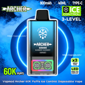 Reklambild av en blå Vapmod Archer engångsvape-enhet märkt “60000” med en iskontrollerande snöflingalogotyp och en färgstark RGB LED-skärm, mot en blå isig bakgrund och märkt 60K puffar, 900mAh, 40ml, Type-C, 3-nivå iskontroll, x3 mesh hallonspiral, blåbärsspiral.
