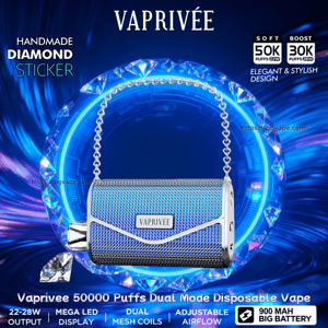 Metallic blue purse-shaped VAPRIVÉE disposable vape with a heart-link chain handle centered on a glowing faceted blue diamond ring background, surrounded by promotional text advertising a handmade diamond sticker, 50K/30K puffs dual mode, mega LED display, dual mesh coils, adjustable airflow and 900 mAh battery.
