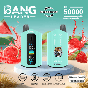 Two mint-green Bang Leader disposable vape devices on a circular pedestal — the front unit shows a digital display reading 100% with power and turbo icons, the rear unit features a roaring tiger logo and flavor labels — set against splashes of watermelon and strawberry with text saying Double flavor, up 50,000 puffs, and icons for Type‑C, 650mAh, dual mesh, adjustable, plus 'Shipment from EU' and 'Free Shipping'.