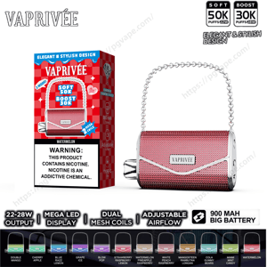 Red textured, purse-shaped VAPRIVÉE vape device with a silver chain handle and metal badge shown next to matching red checkered packaging displaying a nicotine warning and icons for 50K/30K puffs, 22–28W output, dual mesh coils, adjustable airflow and a 900 mAh battery, with color swatches along the bottom.