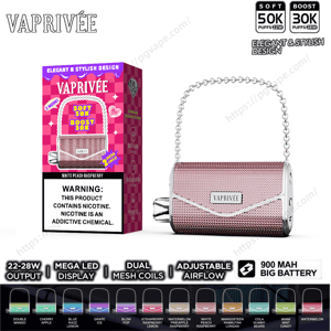 Pink metallic purse-shaped VAPRIVÉE vape with a silver chain handle displayed beside its matching pink product box bearing the VAPRIVÉE name and a nicotine warning, with icons below noting Soft 50K/Boost 30K puffs, 22–28W output, dual mesh coils, adjustable airflow and a 900 mAh battery, plus a row of small colored flavor swatches at the bottom.