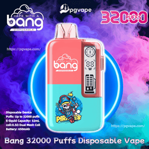 Promotional image of a Bang disposable vape device in red and teal featuring a pirate skull graphic and a vertical digital display, labeled “32000 puffs” over a purple-blue smoky background with brand logos and product details.