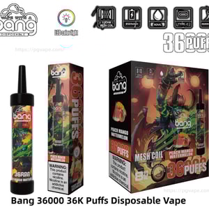 Product image of a Bang disposable vape device alongside its retail sleeve and a larger display box prominently labeled 36,000 puffs, showing peach‑mango‑watermelon flavor, colorful dragon artwork, and icons for mesh coil, 850mAh battery, 40mL e‑liquid and Type‑C charging.