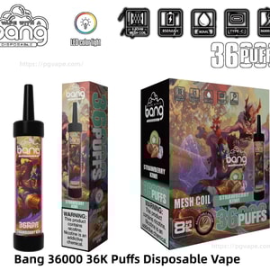 Product shot of a Bang disposable vape set showing a black‑tipped colorful vape pen, its slim Strawberry Kiwi retail box, and a larger display box with fantasy artwork and icons for 0.6Ω mesh coil, 850mAh battery, 40mL e‑liquid, Type‑C charging and 36,000 puffs, plus a nicotine warning label.