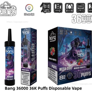 Product shot of a black-topped disposable Bang vape device displayed with its tall retail sleeve and a larger display box, all featuring purple-blue fantasy artwork, a Mixed Fruits flavor label, and icons indicating mesh coil, 850mAh battery, 40mL e-liquid, Type‑C charging, LED color light, and a 36,000 (36K) puffs claim.