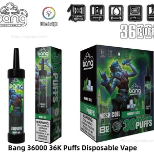 Product photo showing a Bang “36000 36K Puffs” Mint Ice disposable vape alongside its sleeve and retail box, featuring a green-blue icy-warrior illustration, a tall black mouthpiece device, and icons indicating mesh coil, 850mAh, 40ml, Type-C charging, LED color light, and 36,000 puffs.