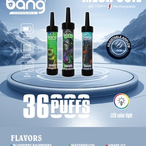 Three colorful Bang disposable vape pens displayed upright on a lit circular podium against a snowy mountain backdrop, with prominent text reading 'MESH COIL' and '36 PUFFS', icons for adjustable airflow and LED color light, and a flavor list across the bottom.