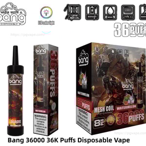 Product display of Bang 36000 '36K Puffs' disposable watermelon vape showing the black cylindrical device with mouthpiece, its narrow retail sleeve, and a larger color carton featuring armored-warrior artwork and watermelon imagery, with icons indicating 0.6Ω mesh coil, 850mAh battery, 40ml e-liquid, Type‑C charging and LED color light, and a visible nicotine-warning label.