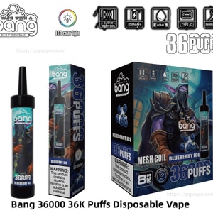 Packaging and product display for a Bang disposable vape in Blueberry Ice flavor showing a single black‑tipped cylindrical device, two retail boxes with a purple‑armored fantasy warrior and blueberries, and small icons noting 36,000 puffs, mesh coil, 850mAh battery, 40ml e‑liquid, Type‑C charging and LED color light.