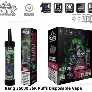 Bang-branded disposable vape device with matching retail box and outer carton labeled '36 PUFFS' and 'Blueberry Raspberry,' showing green‑and‑purple artwork with a hooded character, spec icons for mesh coil, 850mAh battery, 40mL capacity and Type‑C charging, plus a nicotine warning label.