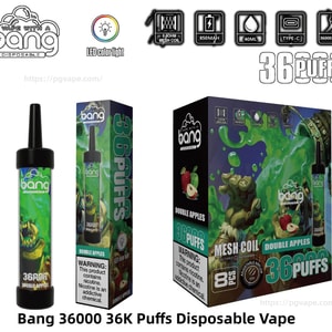 Bang disposable vape device and retail packaging in green 'Double Apples' artwork with a snarling slime-monster illustration, feature icons for 0.6Ω mesh coil, 850 mAh battery, 40 ml, Type‑C and LED color light, and bold 36K/36000 puffs labeling.