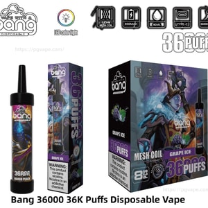 Retail display of a Bang disposable vape kit showing a black-topped cylindrical device, its matching retail sleeve and larger box with purple grape-and-ice fantasy artwork labeled Grape Ice and 36,000 puffs, plus icons for mesh coil, 850mAh battery, 40mL e-liquid, USB‑C charging and a nicotine warning label.