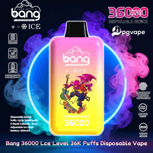 Bright gradient disposable vape device labeled “Bang” and “ICE” with “36000 puffs” and “Strawberry Mango” flavor, showing a pink-yellow rectangular body decorated with a cartoon purple bat-like character playing a guitar, set against neon blue and pink swirling smoke with small icons for fingerprint pressure regulation, 850mAh battery, Type-C charging and pgvape branding.