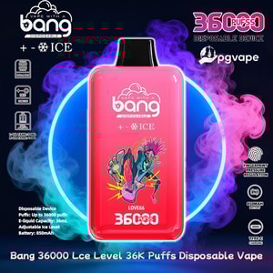 Bright pink rectangular Bang disposable vape with a black mouthpiece and 'ICE' branding featuring a punk guitarist graphic, shown against a glowing blue ring and swirling pink and blue smoke, surrounded by icons and text advertising 36K puffs, 36 mL e-liquid capacity, adjustable ice level, fingerprint pressure regulation, 850 mAh battery and USB‑C charging.