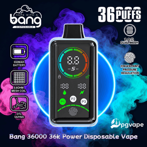 Centered product shot of a black Bang disposable vape with a circular digital display, three mode buttons and a fingerprint sensor icon, set against neon blue ring and purple/teal vapor, with surrounding icons and text noting 36,000 puffs, 650mAh battery, 0.6Ω mesh coil, 1.0Ω dual mesh, DTL vaping, and brand logos.