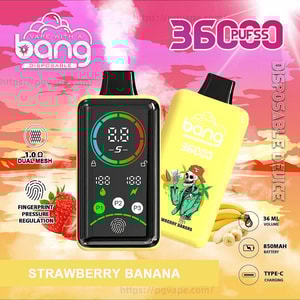 Promotional image for a Bang disposable vape showing two devices—a black unit with a circular digital screen and green indicators and a yellow unit with a skeleton-in-Hawaiian-shirt illustration—set against a pink sunset with '36000 puffs' and 'Strawberry Banana' text plus icons for 1.0Ω dual mesh, fingerprint pressure regulation, 36 mL volume, 850 mAh battery and Type‑C charging and strawberry and banana visuals.