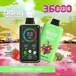 Two lime-green Bang disposable vapes—one front-facing with a circular digital display and control icons, the other showing “3600 puffs” and skull-surf artwork—labeled Strawberry Kiwi against a fruity background with icons for 1.0Ω dual mesh, fingerprint pressure regulation, 36 ml, 850 mAh battery and Type‑C charging