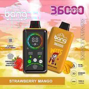 Two Bang disposable vape devices—one with a black digital display and one orange body featuring a skull-on-a-skateboard graphic—set against a pink-orange sky background with branding text reading 360 puffs and STRAWBERRY MANGO and small icons noting 1.0Ω dual mesh, fingerprint pressure regulation, 36 ml volume, 850 mAh battery, and Type‑C charging.