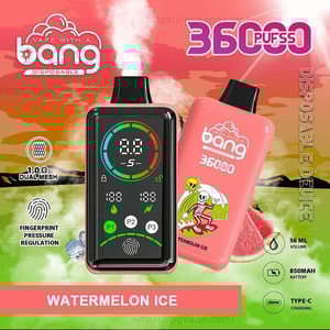 Two pink Bang disposable vape devices—one with a black digital display showing circular metrics and control icons, the other printed with a skeleton and labeled Watermelon Ice—advertised as 3600 puffs with icons for 36 ml volume, 850 mAh battery, Type‑C charging, 1.0Ω dual mesh and fingerprint pressure regulation.