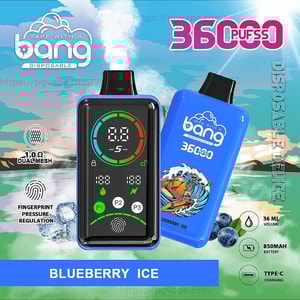 Two bright blue Bang disposable vape devices—one with a black digital display showing a colored circular gauge and icons, the other with a surf-wave graphic and 'Bang 3600 puffs' branding—set against a stylized sky-and-water background with the flavor label 'Blueberry Ice' and small icons noting 1.0Ω dual mesh, fingerprint pressure regulation, 36 ml volume, 850 mAh battery, and Type‑C charging.