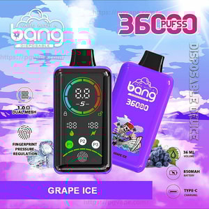 Advertising image of a purple Bang disposable vape labeled Grape Ice showing a glossy rectangular device with a digital front display and fingerprint icon, a purple back panel with a skeleton-in-a-boat graphic, and small icons noting 36 mL volume, 850 mAh battery, Type‑C charging and dual-mesh coil.