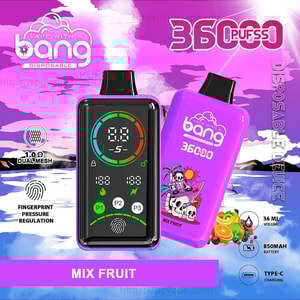 Advertising image of a purple Bang disposable vape labeled “360 puffs” and “Mix Fruit,” showing a black-front device with a circular digital display and control icons alongside a decorative purple back with skull-surfboard artwork, and small icons noting 36 mL volume, 850 mAh battery, Type‑C charging, 1.0Ω dual mesh, and fingerprint pressure regulation.