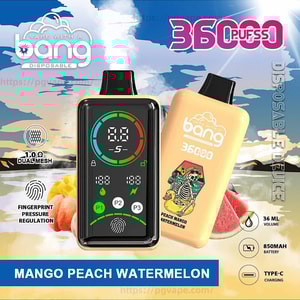 Two Bang disposable vape devices—one black with a colorful digital display and one peach-colored featuring a skeleton surfboard graphic—on promotional packaging reading “360 puffs” and “Mango Peach Watermelon” with icons for 36 ml, 850 mAh battery and Type‑C charging.