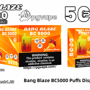 Packaging and product image of the Bang Blaze BC5000 disposable vape featuring a yellow-to-red gradient pod labeled BC5000, orange retail boxes highlighting 5,000 puffs and Strawberry Mango flavor, icons for Type-C and 600mAh battery, the pgvape logo, and a prominent nicotine warning label.