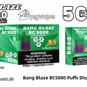 Packaging mockup for Bang Blaze BC5000 disposable vape showing a green-to-purple pod device, bold BC5000 and 5000 puffs labels, flavor noted as Kiwi Passion Fruit Guava, icons for 600mAh battery, Type‑C charging and mesh coil, plus a prominent nicotine-addiction warning and brand logo.