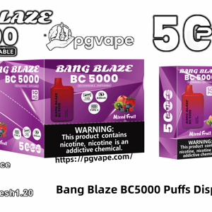 Packaging and product image for the Bang Blaze BC 5000 disposable vape — purple mixed-fruit box and red-to-purple device labeled 5000 puffs, advertising rechargeable/disposable, 600mAh battery and a nicotine warning.