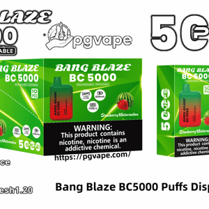 Packaging and single device for Bang Blaze BC5000 disposable vape in strawberry watermelon flavor showing a green-to-red gradient pod, ‘5000 puffs’ branding, 600mAh/type-C/mesh coil icons, and a prominent nicotine addiction warning.
