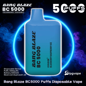 Blue rectangular Bang Blaze BC5000 disposable vape centered against a dark smoky background and glowing neon-blue ring, labeled BC 5000 and flavor Blueberry Raspberry Ice with prominent '5000 PUFFS' text at top-right and small product specs and pgvape logo at the corners.