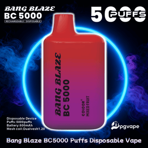 Rectangular red-to-purple gradient disposable vape labeled 'BANG BLAZE BC 5000' centered on a dark smoky background with a glowing blue ring, large '5000 puffs' text, small device specs and a pgvape logo