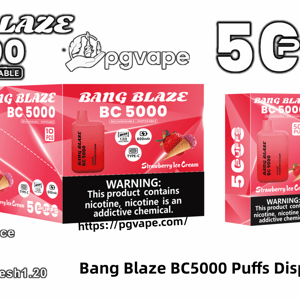 Packaging and product display for the Bang Blaze BC5000 rechargeable disposable vape in strawberry ice cream flavor, showing a pink device and retail boxes with '5000 puffs' branding, 600 mAh battery and mesh coil specs, PGVape logo and a nicotine warning label.
